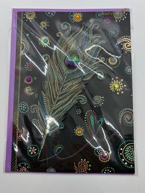 Peacock Feather Glitter Papyrus Greeting Card - Black & Purple NIP
